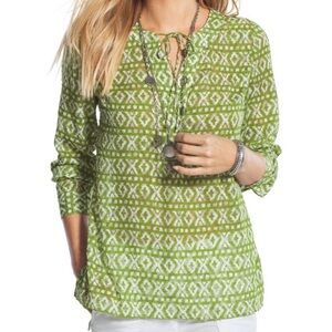 Chicos Medium Graphic Ikat Peasant Top Green Sheer Tie‎ Neck